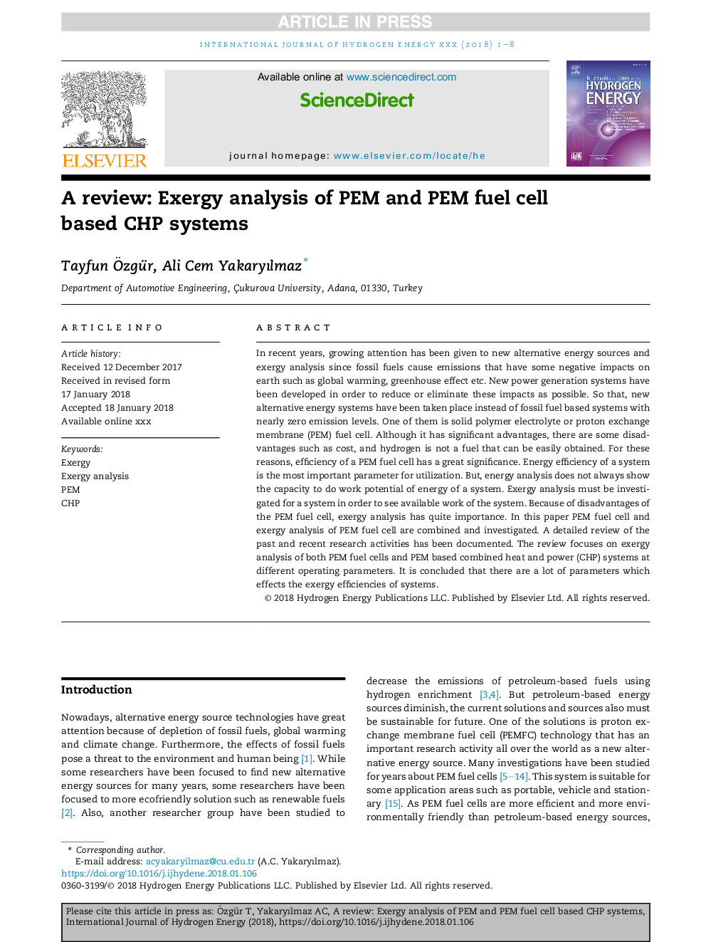 A review: Exergy analysis of PEM and PEM fuel cell based CHP systems