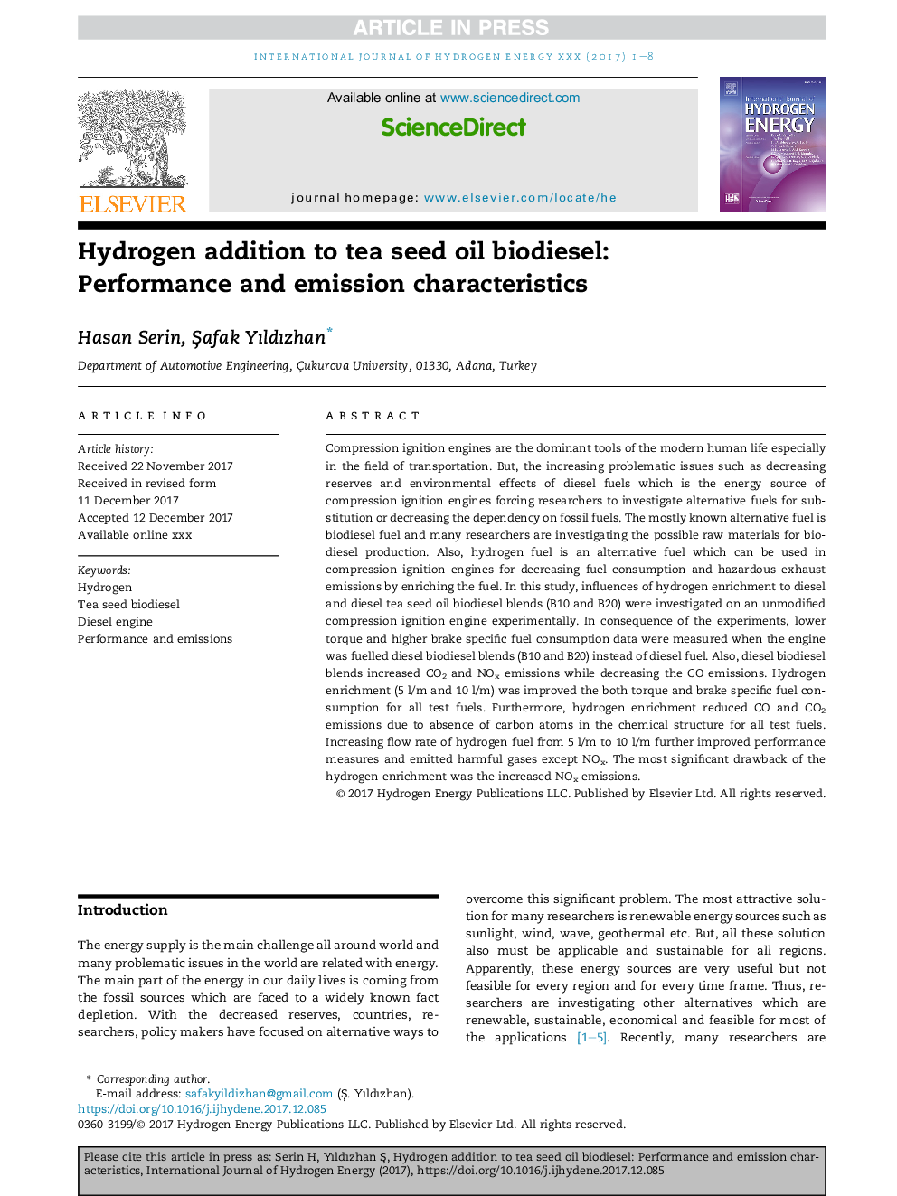 Hydrogen addition to tea seed oil biodiesel: Performance and emission characteristics