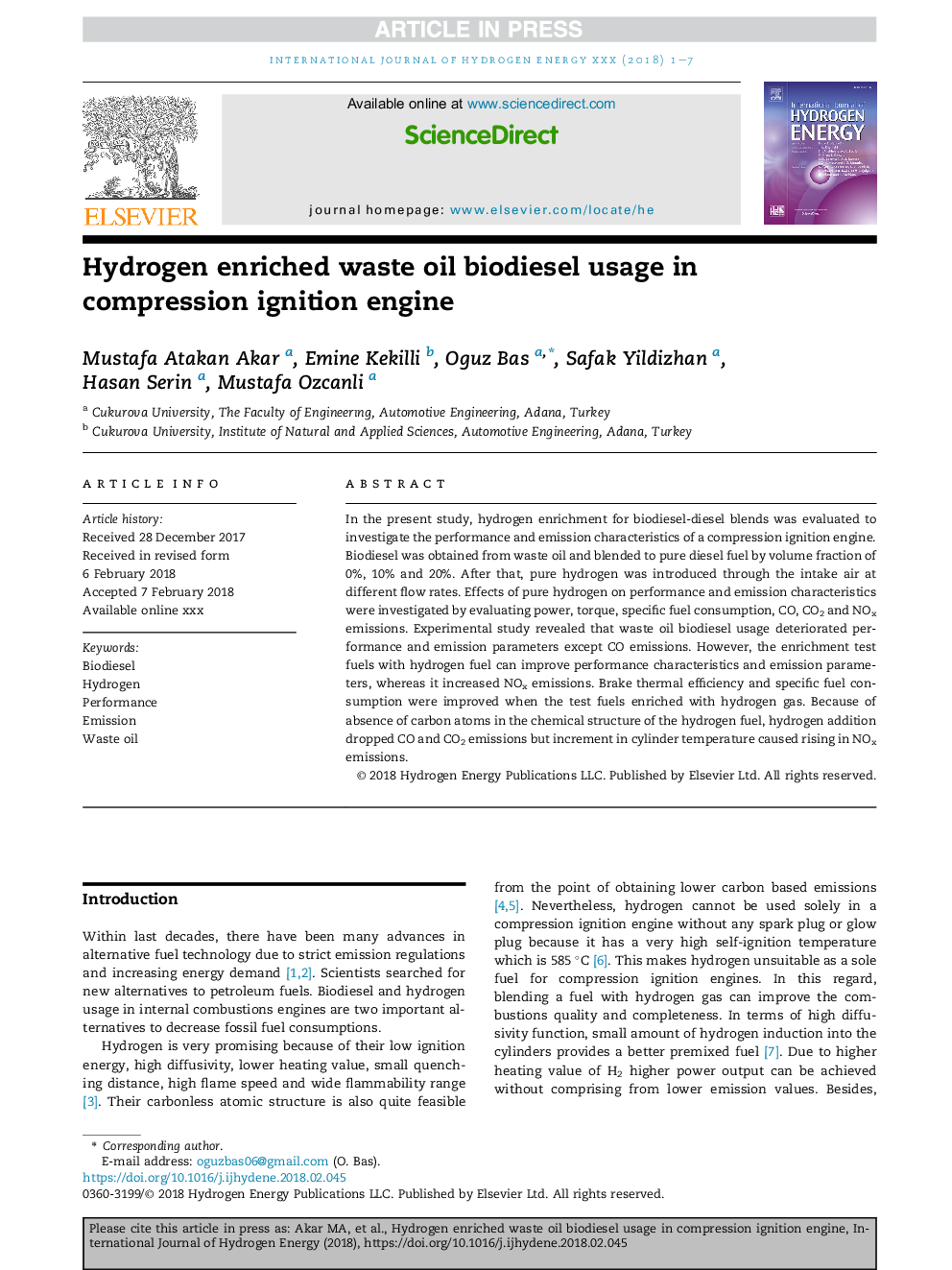 Hydrogen enriched waste oil biodiesel usage in compression ignition engine