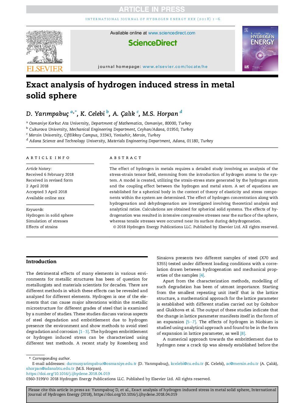 Exact analysis of hydrogen induced stress in metal solid sphere