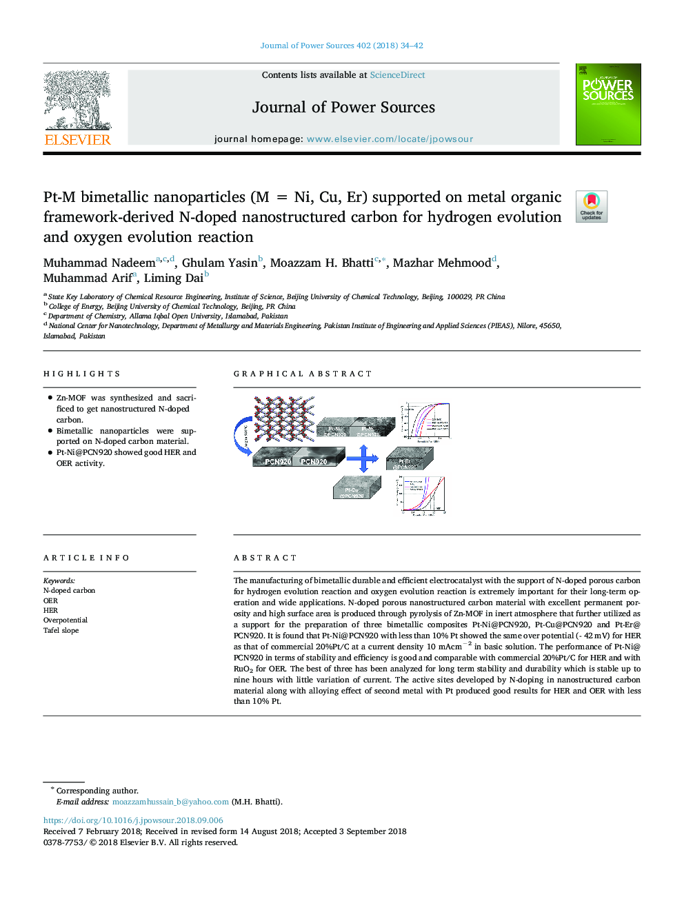 Pt-M bimetallic nanoparticles (M = Ni, Cu, Er) supported on metal organic framework-derived N-doped nanostructured carbon for hydrogen evolution and oxygen evolution reaction