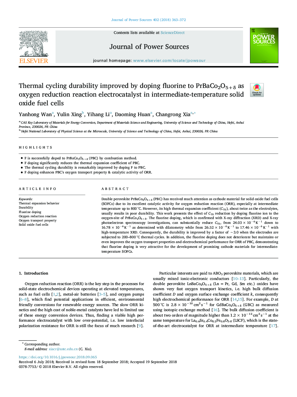 Thermal cycling durability improved by doping fluorine to PrBaCo2O5+Î´ as oxygen reduction reaction electrocatalyst in intermediate-temperature solid oxide fuel cells