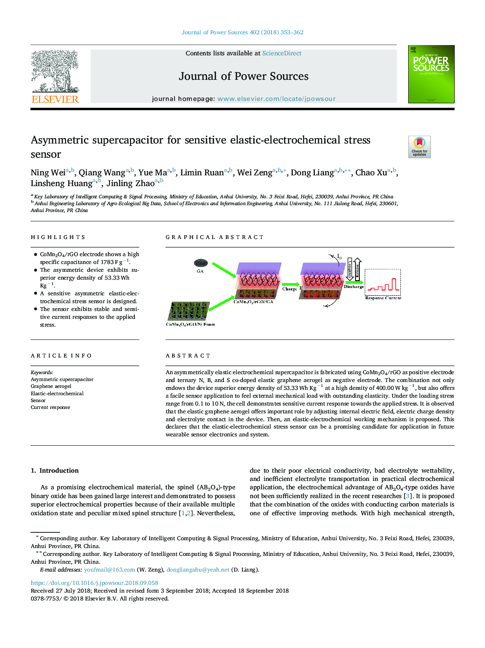 Asymmetric supercapacitor for sensitive elastic-electrochemical stress sensor