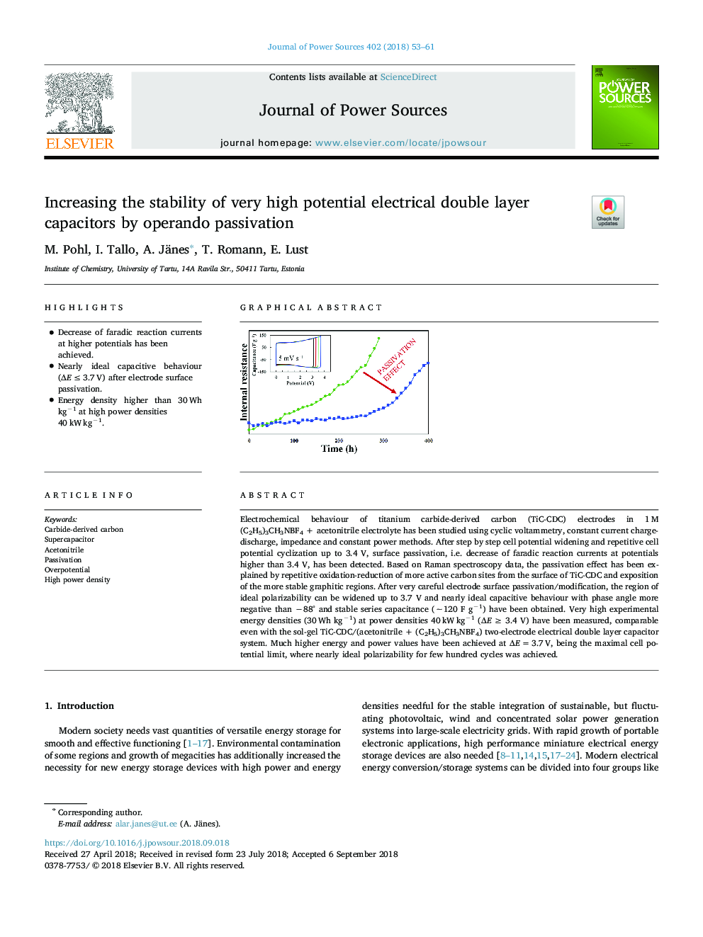 Increasing the stability of very high potential electrical double layer capacitors by operando passivation