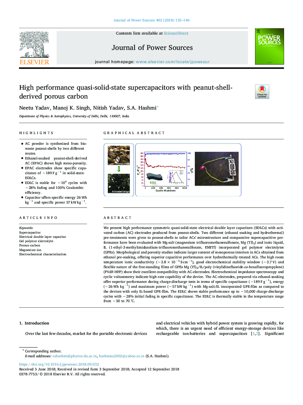 High performance quasi-solid-state supercapacitors with peanut-shell-derived porous carbon