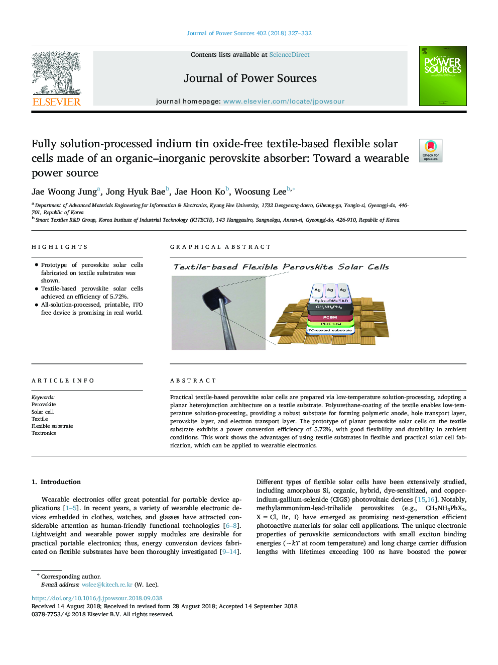 Fully solution-processed indium tin oxide-free textile-based flexible solar cells made of an organic-inorganic perovskite absorber: Toward a wearable power source