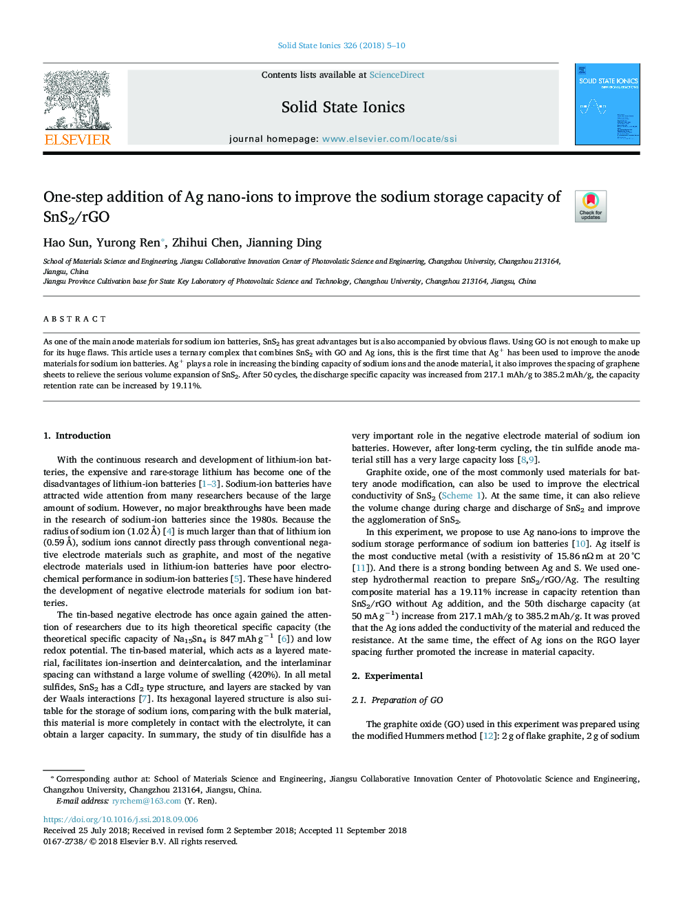 One-step addition of Ag nano-ions to improve the sodium storage capacity of SnS2/rGO