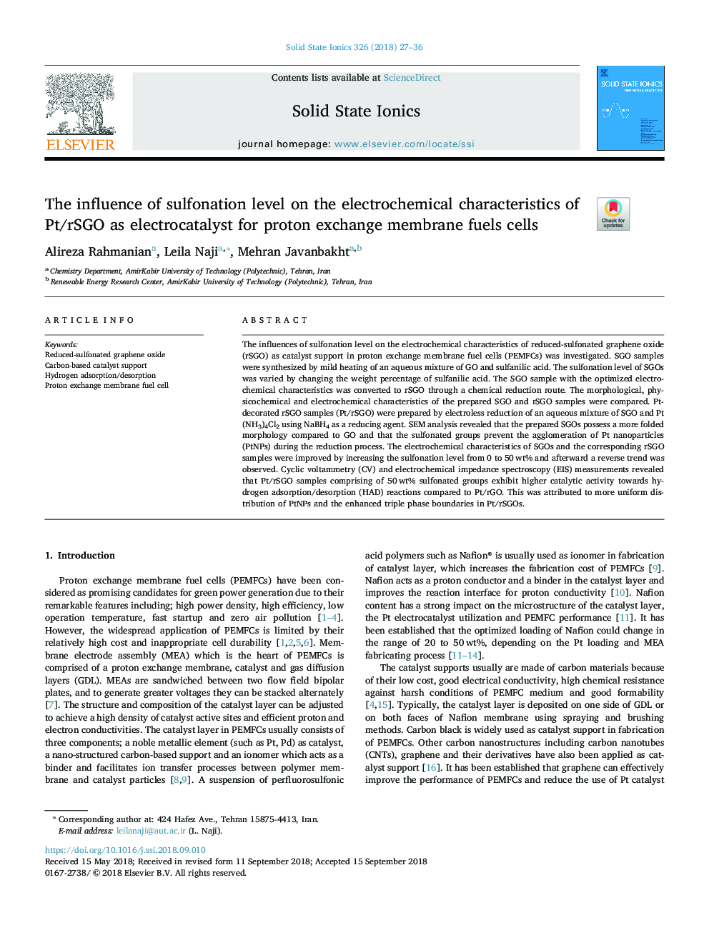 The influence of sulfonation level on the electrochemical characteristics of Pt/rSGO as electrocatalyst for proton exchange membrane fuels cells