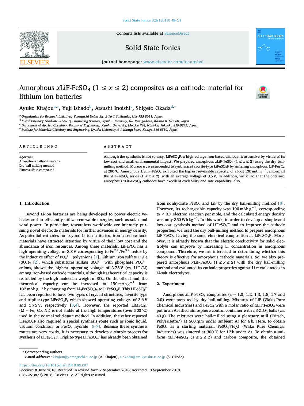 Amorphous xLiF-FeSO4 (1â¯â¤â¯xâ¯â¤â¯2) composites as a cathode material for lithium ion batteries