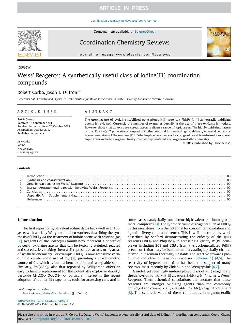 Weiss' Reagents: A synthetically useful class of iodine(III) coordination compounds