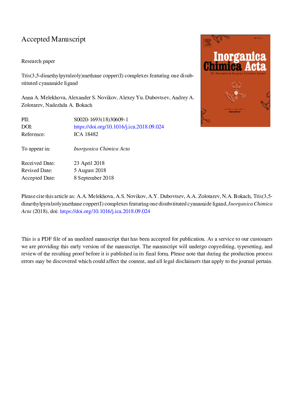 Tris(3,5-dimethylpyrazolyl)methane copper(I) complexes featuring one disubstituted cyanamide ligand