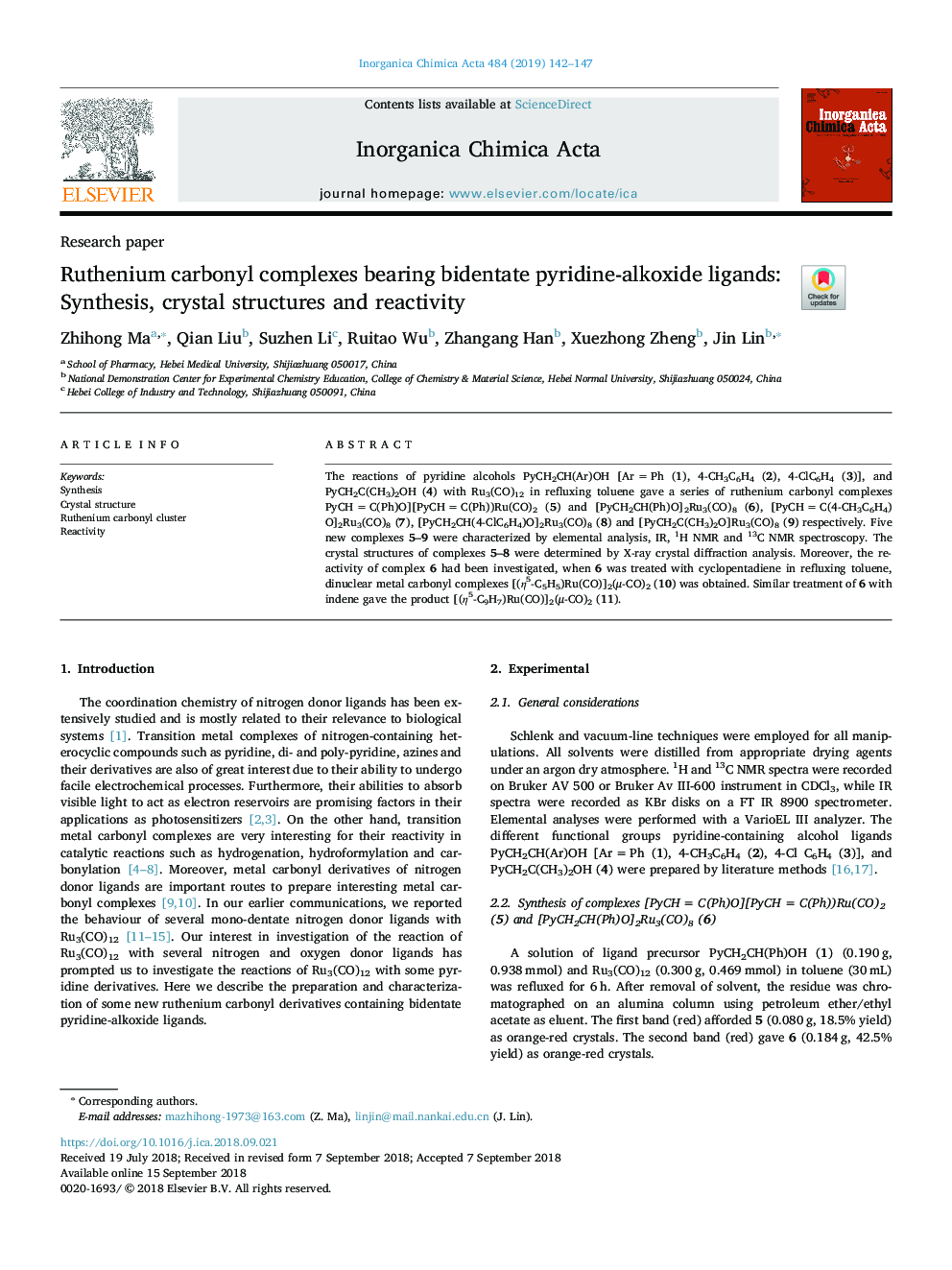 Ruthenium carbonyl complexes bearing bidentate pyridine-alkoxide ligands: Synthesis, crystal structures and reactivity