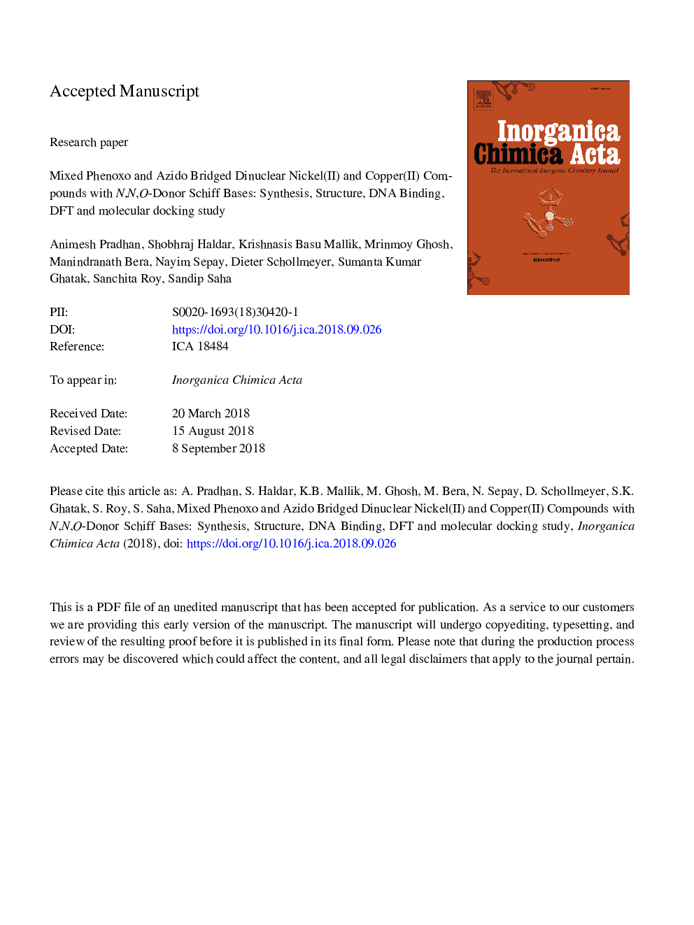 Mixed phenoxo and azido bridged dinuclear nickel(II) and copper(II) compounds with N,N,O-donor schiff bases: Synthesis, structure, DNA binding, DFT and molecular docking study