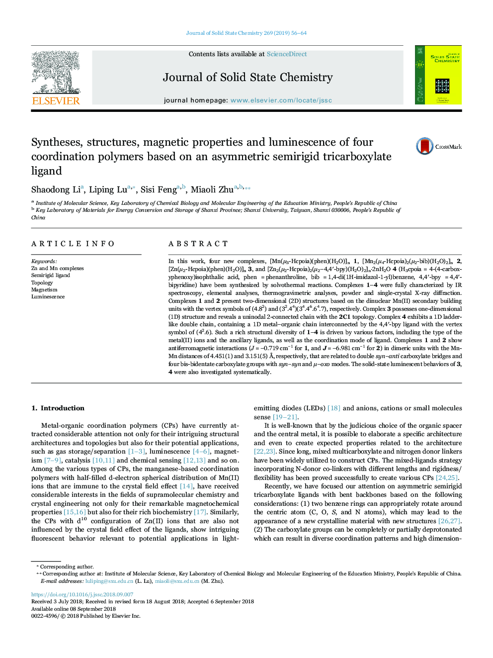 Syntheses, structures, magnetic properties and luminescence of four coordination polymers based on an asymmetric semirigid tricarboxylate ligand