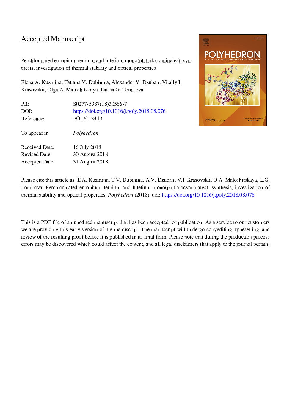 Perchlorinated europium, terbium and lutetium mono(phthalocyaninates): Synthesis, investigation of thermal stability and optical properties