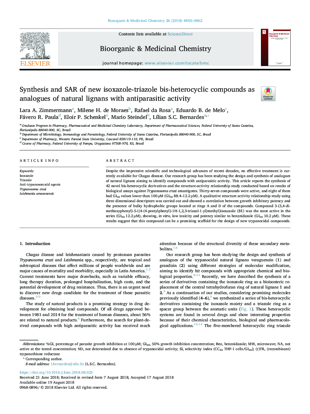 Synthesis and SAR of new isoxazole-triazole bis-heterocyclic compounds as analogues of natural lignans with antiparasitic activity