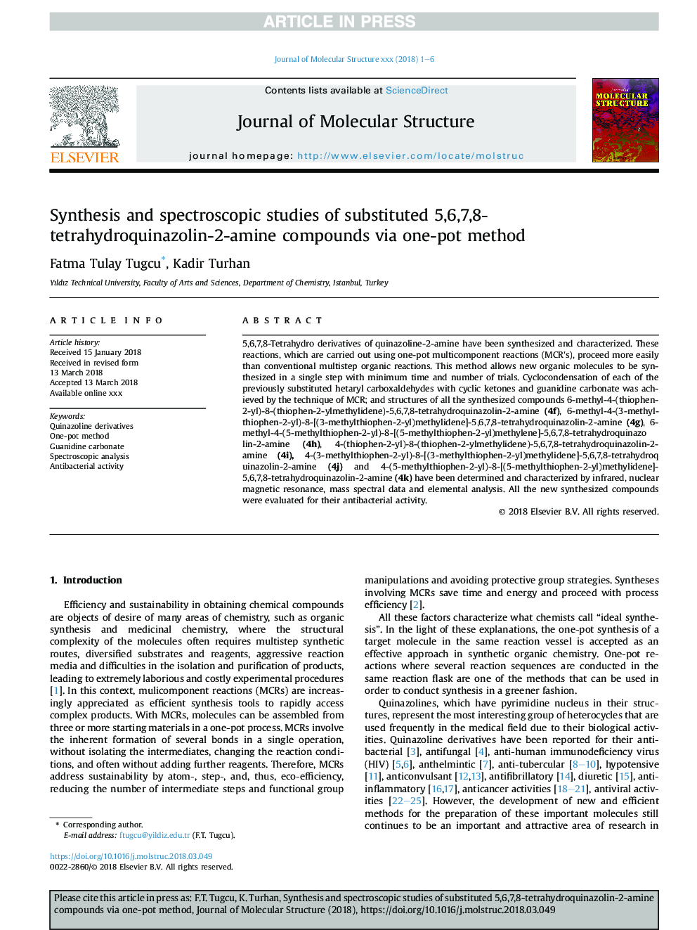 Synthesis and spectroscopic studies of substituted 5,6,7,8-tetrahydroquinazolin-2-amine compounds via one-pot method