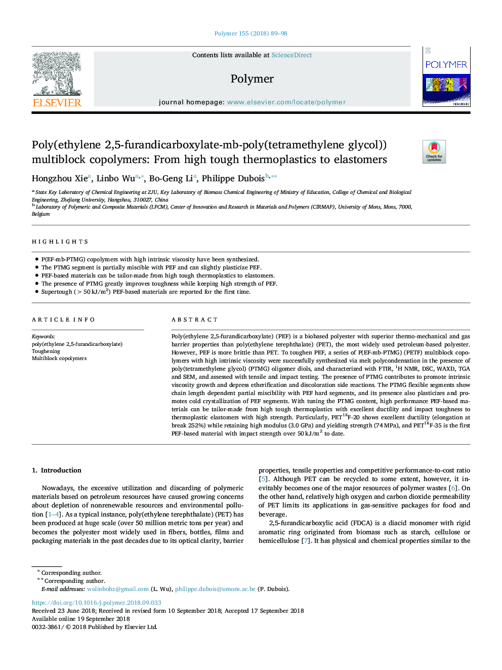 Poly(ethylene 2,5-furandicarboxylate-mb-poly(tetramethylene glycol)) multiblock copolymers: From high tough thermoplastics to elastomers