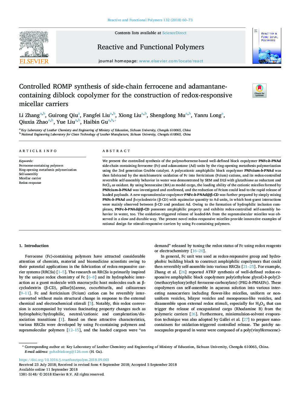 Controlled ROMP synthesis of side-chain ferrocene and adamantane-containing diblock copolymer for the construction of redox-responsive micellar carriers