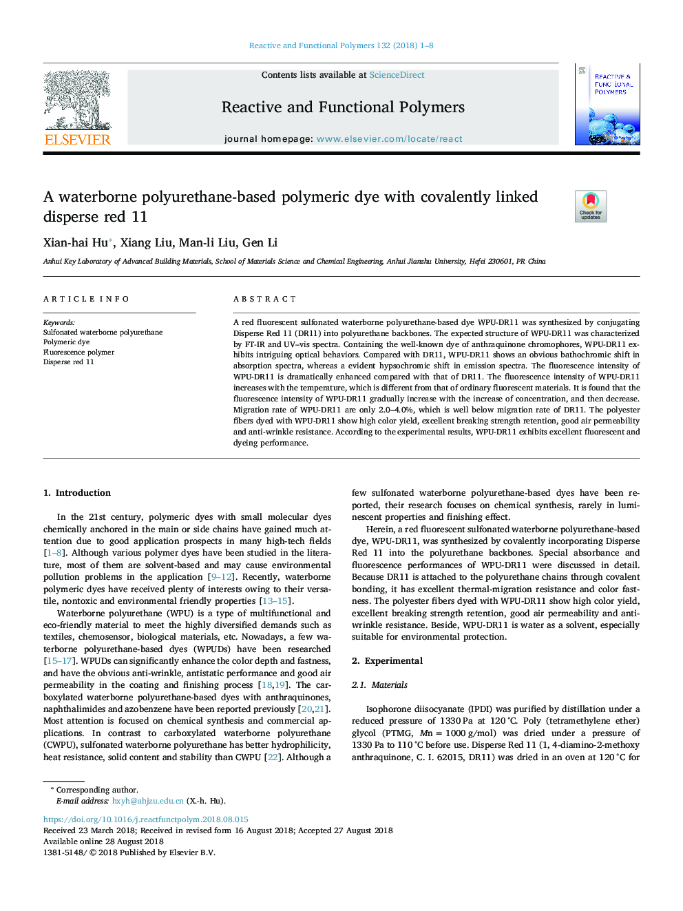 A waterborne polyurethane-based polymeric dye with covalently linked disperse red 11