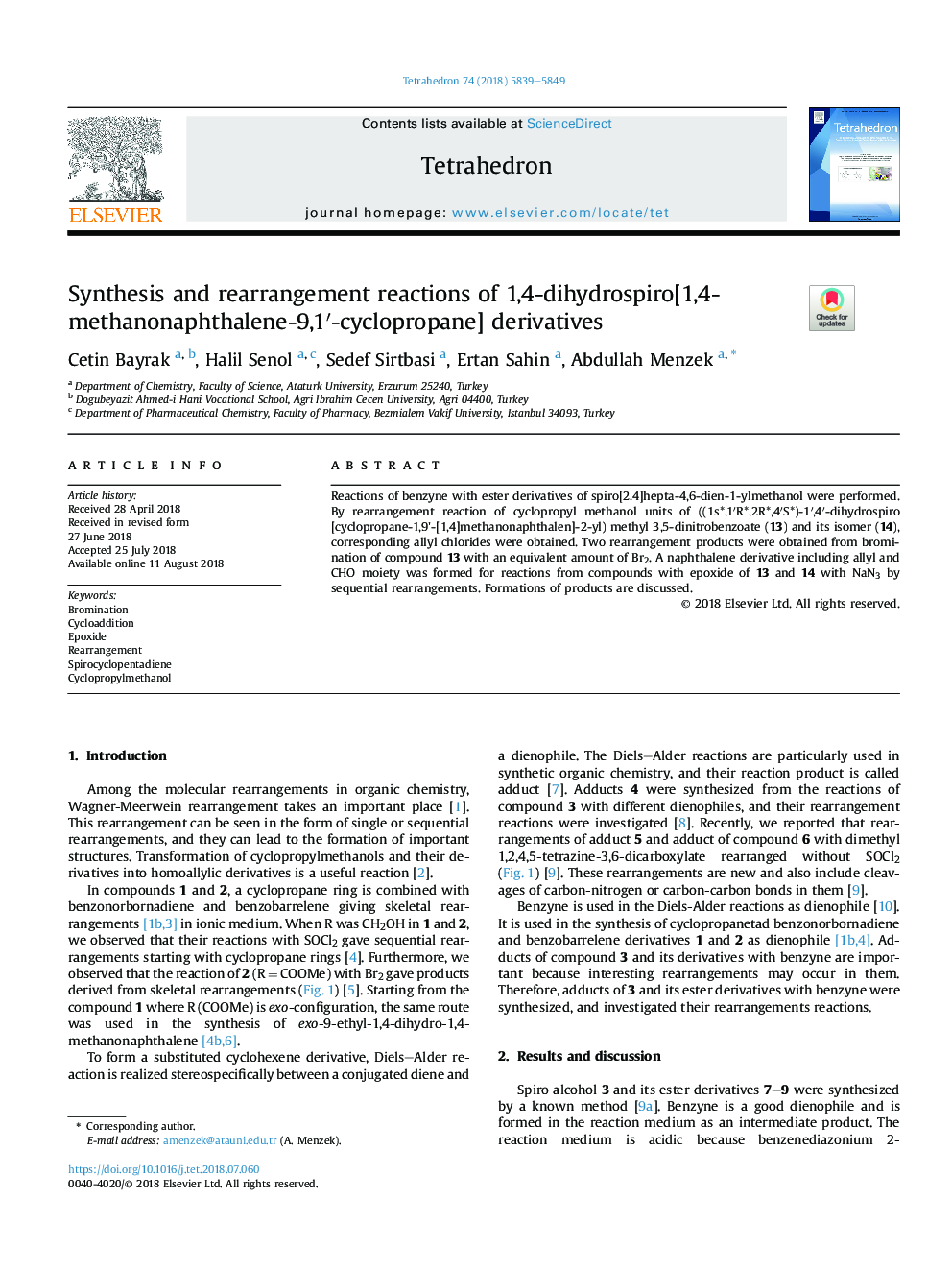 Synthesis and rearrangement reactions of 1,4-dihydrospiro[1,4-methanonaphthalene-9,1â²-cyclopropane] derivatives