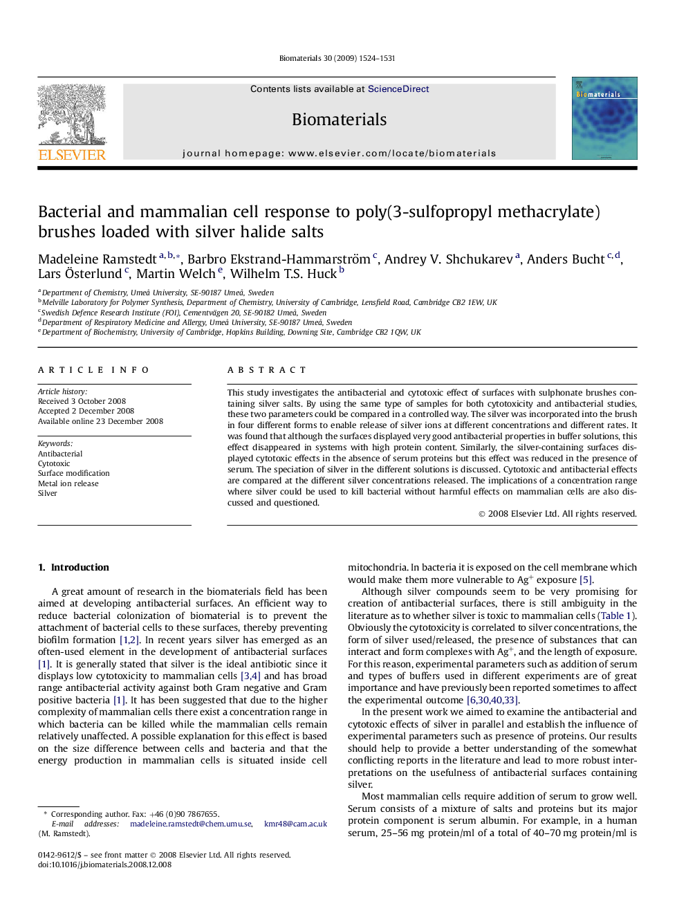 Bacterial and mammalian cell response to poly(3-sulfopropyl methacrylate) brushes loaded with silver halide salts