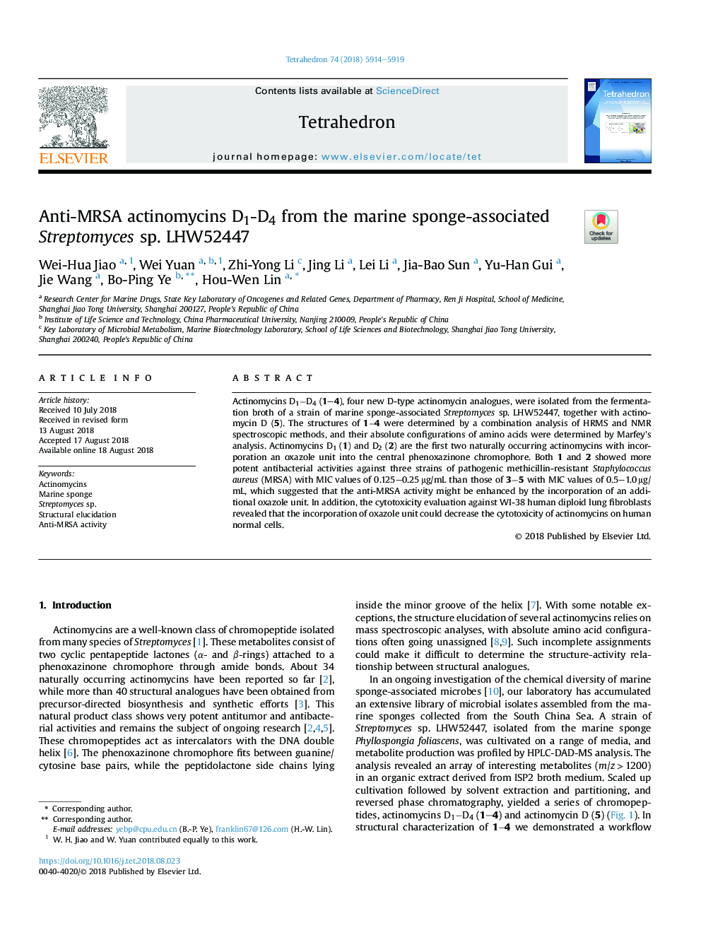 Anti-MRSA actinomycins D1-D4 from the marine sponge-associated Streptomyces sp. LHW52447