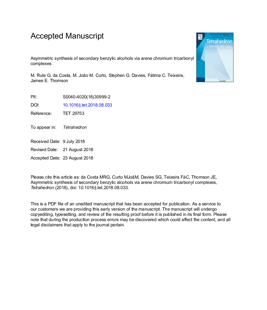 Asymmetric synthesis of secondary benzylic alcohols via arene chromium tricarbonyl complexes