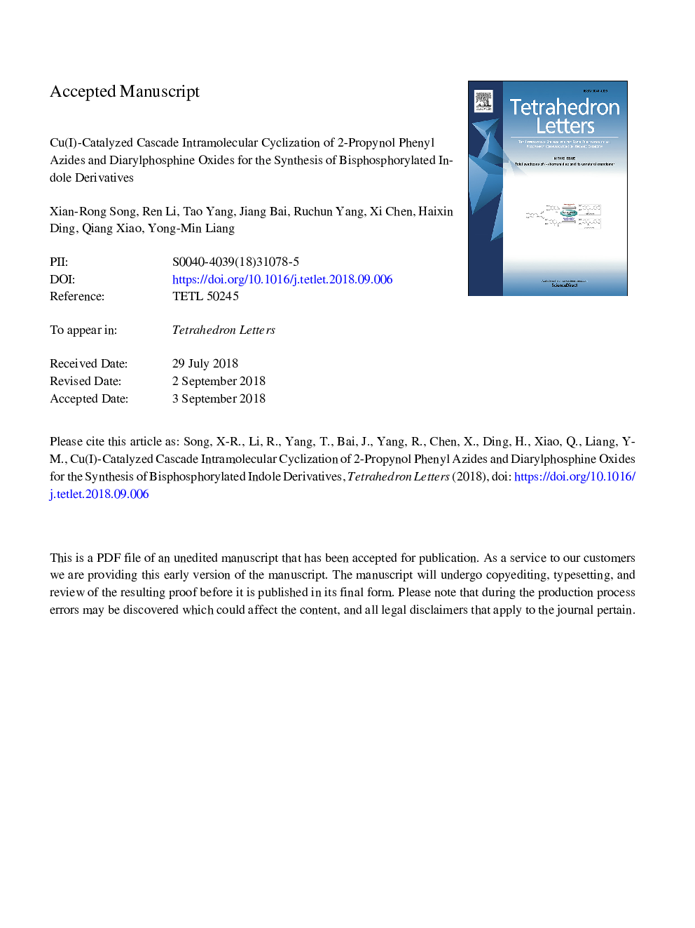 Cu(I)-catalyzed cascade intramolecular cyclization of 2-propynol phenyl azides and diarylphosphine oxides for the synthesis of bisphosphorylated indole derivatives