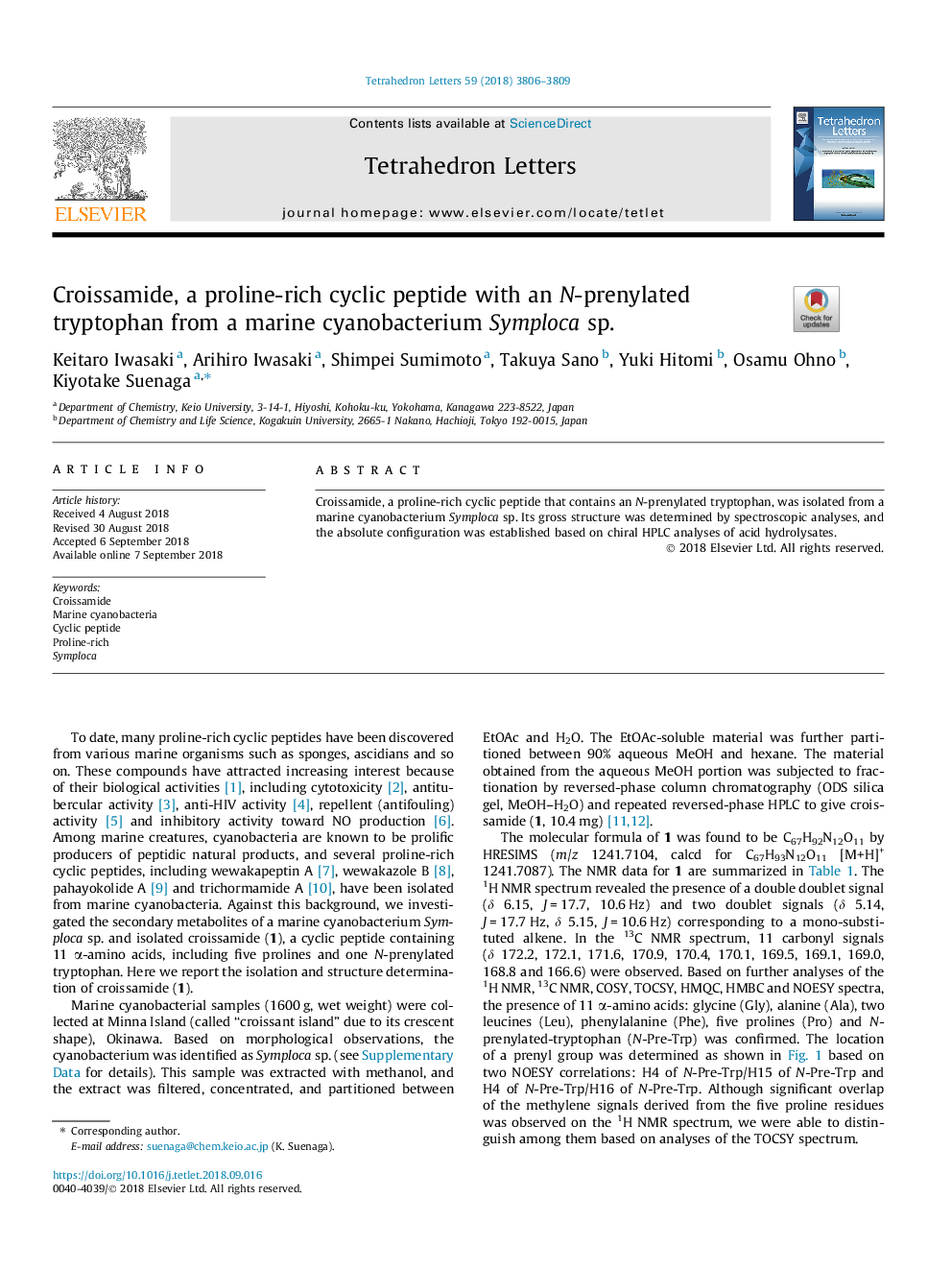 Croissamide, a proline-rich cyclic peptide with an N-prenylated tryptophan from a marine cyanobacterium Symploca sp.