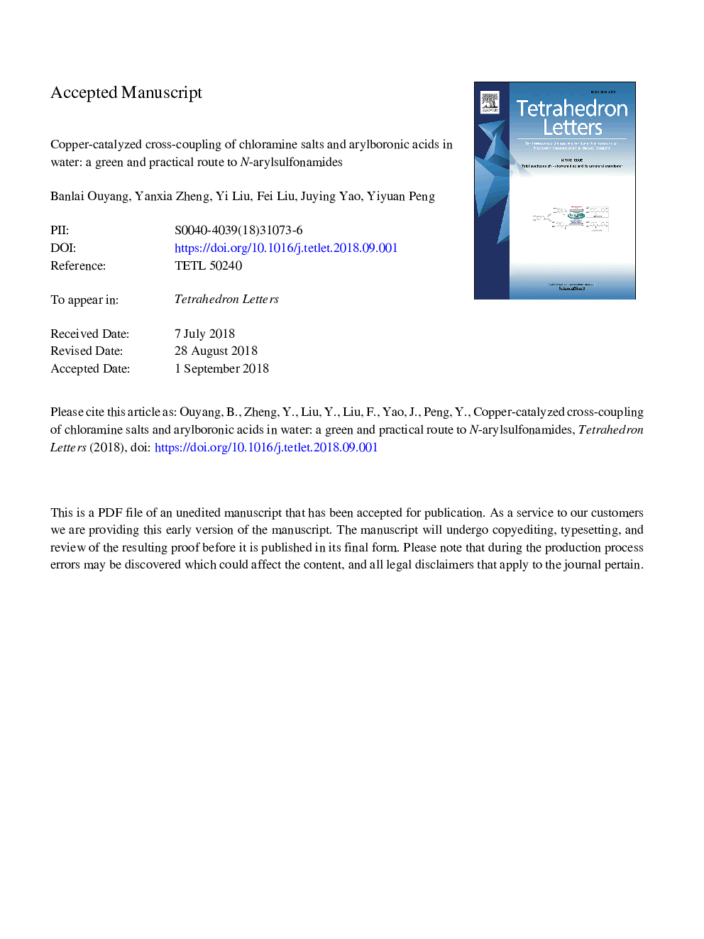 Copper-catalyzed cross-coupling of chloramine salts and arylboronic acids in water: A green and practical route to N-arylsulfonamides