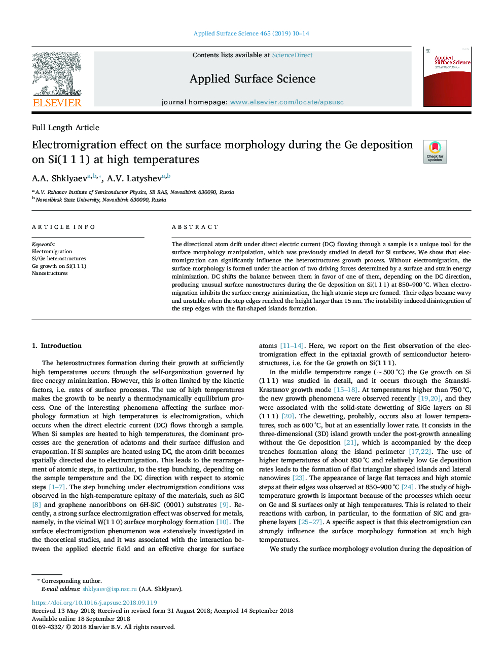 Electromigration effect on the surface morphology during the Ge deposition on Si(1â¯1â¯1) at high temperatures