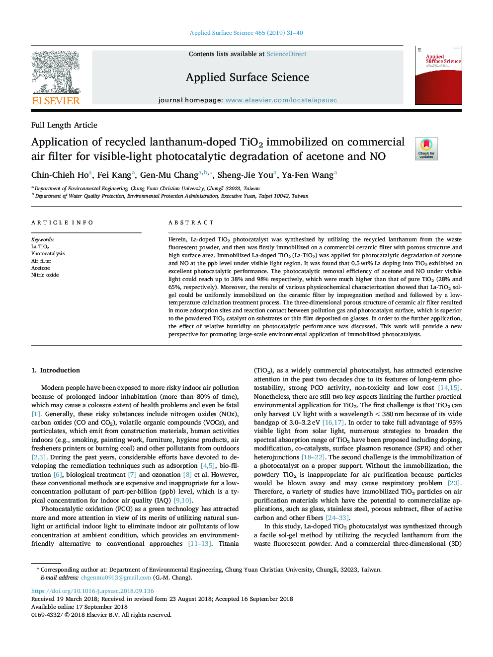 Application of recycled lanthanum-doped TiO2 immobilized on commercial air filter for visible-light photocatalytic degradation of acetone and NO