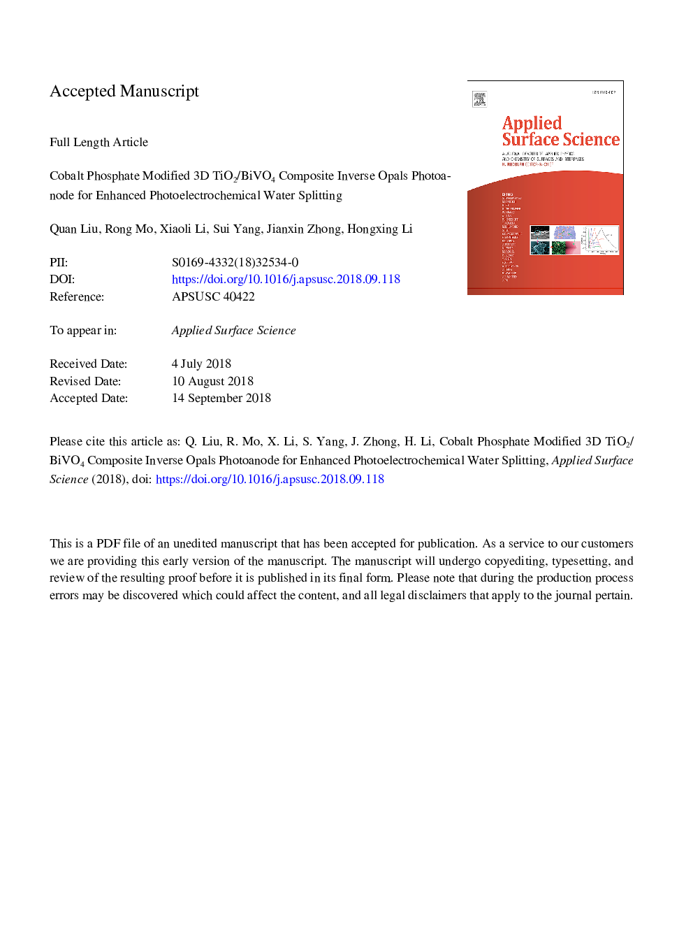 Cobalt phosphate modified 3D TiO2/BiVO4 composite inverse opals photoanode for enhanced photoelectrochemical water splitting