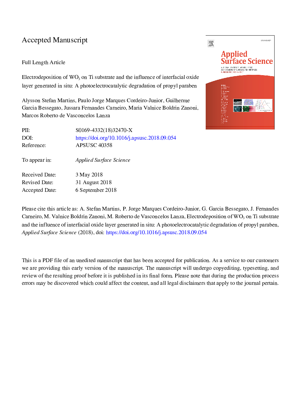 Electrodeposition of WO3 on Ti substrate and the influence of interfacial oxide layer generated in situ: A photoelectrocatalytic degradation of propyl paraben