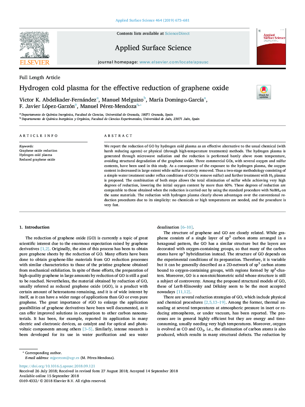 Hydrogen cold plasma for the effective reduction of graphene oxide