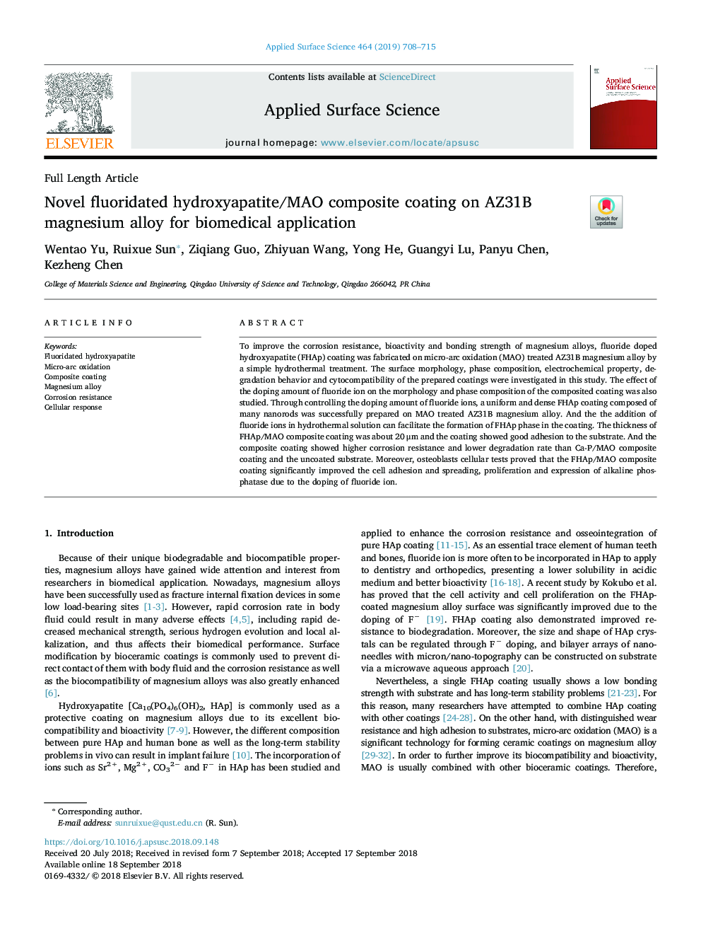 Novel fluoridated hydroxyapatite/MAO composite coating on AZ31B magnesium alloy for biomedical application