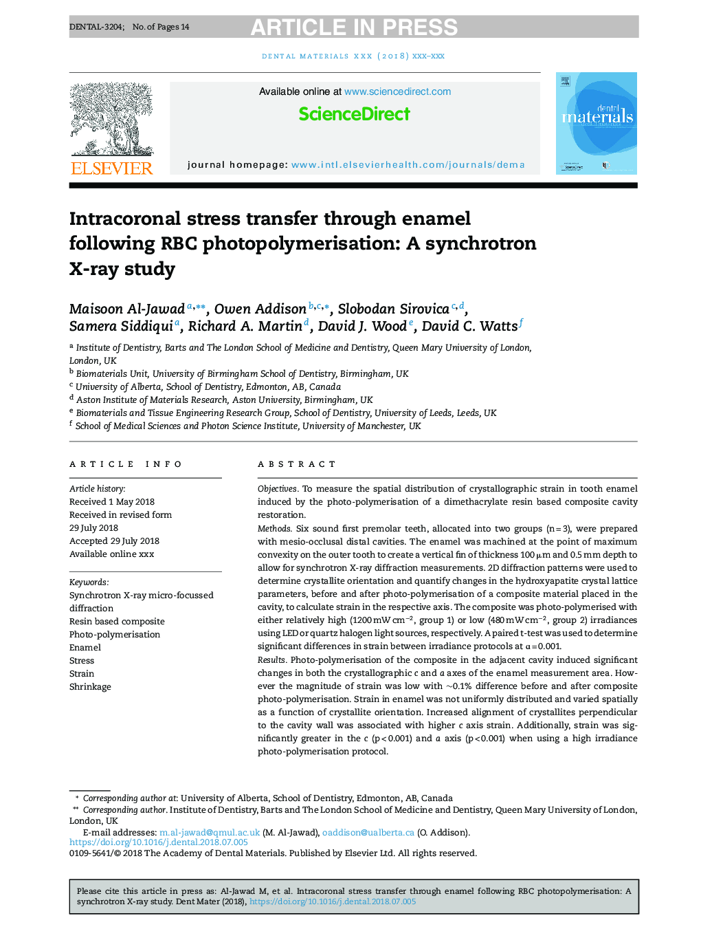 Intracoronal stress transfer through enamel following RBC photopolymerisation: A synchrotron X-ray study