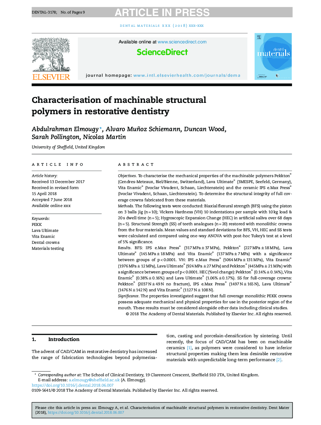Characterisation of machinable structural polymers in restorative dentistry