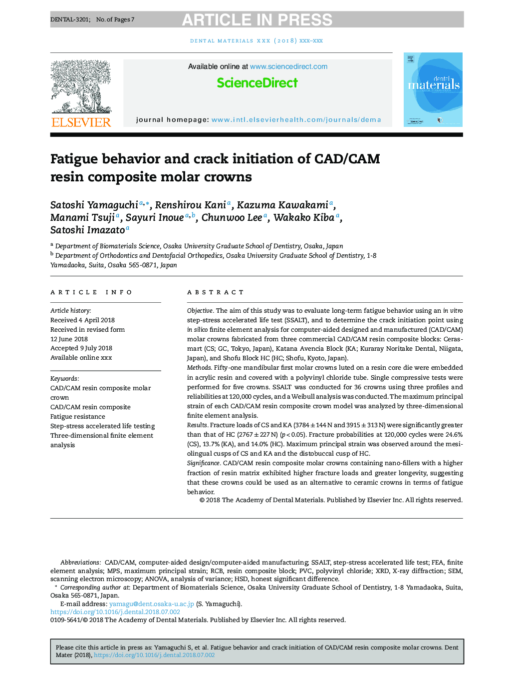 Fatigue behavior and crack initiation of CAD/CAM resin composite molar crowns