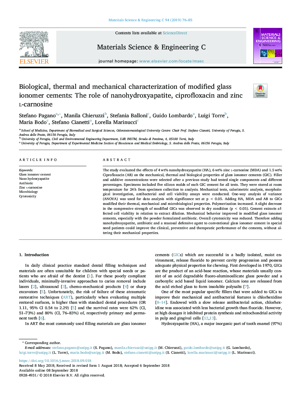 Biological, thermal and mechanical characterization of modified glass ionomer cements: The role of nanohydroxyapatite, ciprofloxacin and zinc l-carnosine