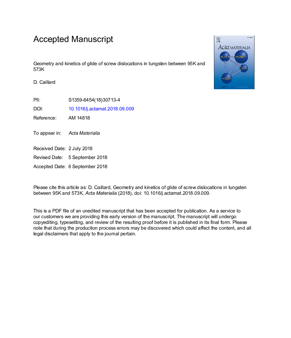 Geometry and kinetics of glide of screw dislocations in tungsten between 95K and 573K