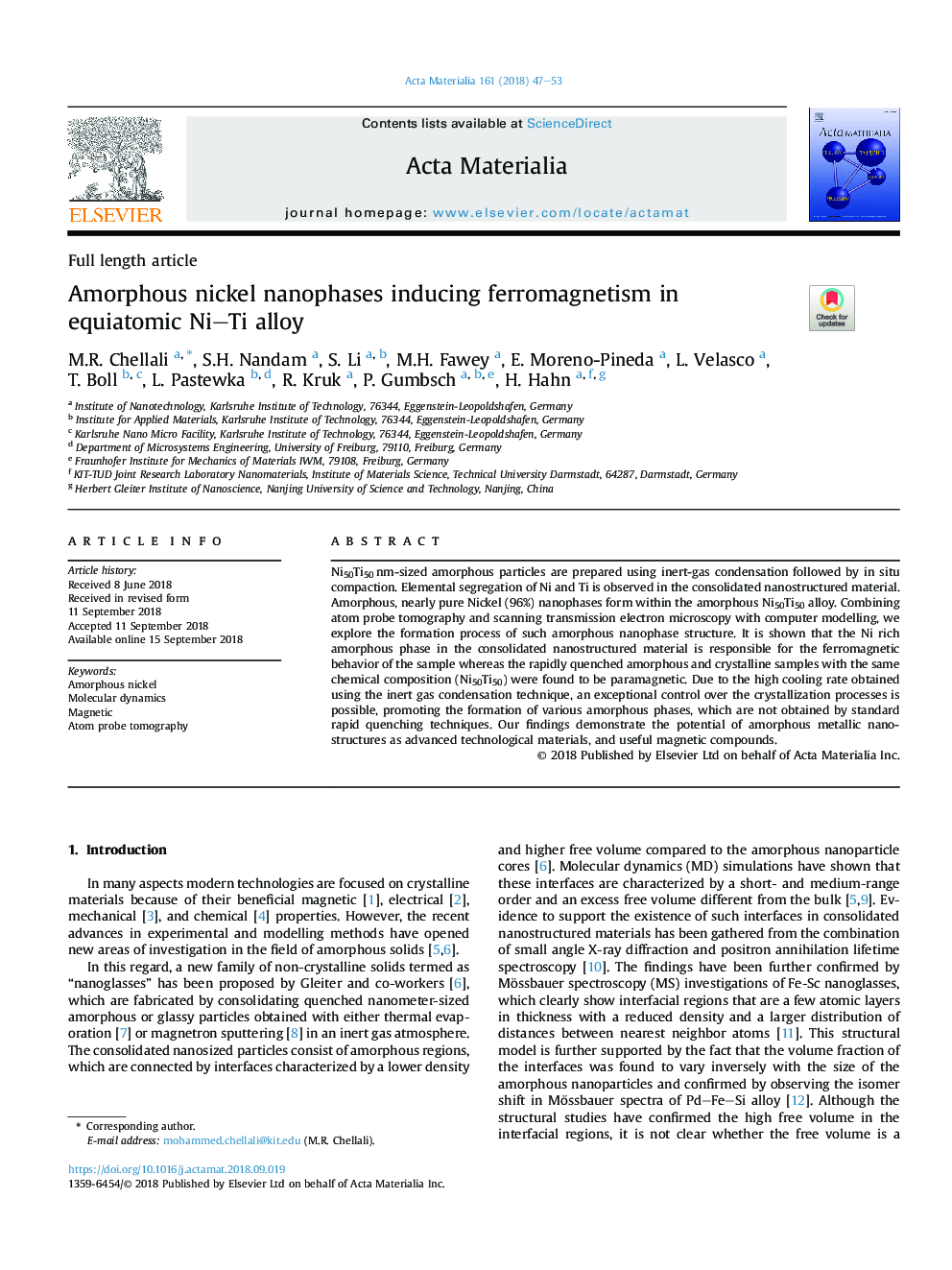 Amorphous nickel nanophases inducing ferromagnetism in equiatomic NiTi alloy