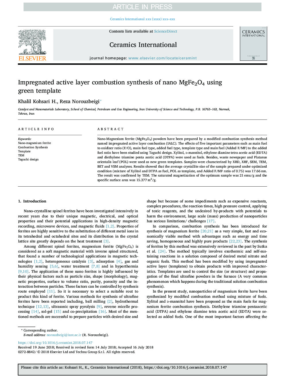 Impregnated active layer combustion synthesis of nano MgFe2O4 using green template