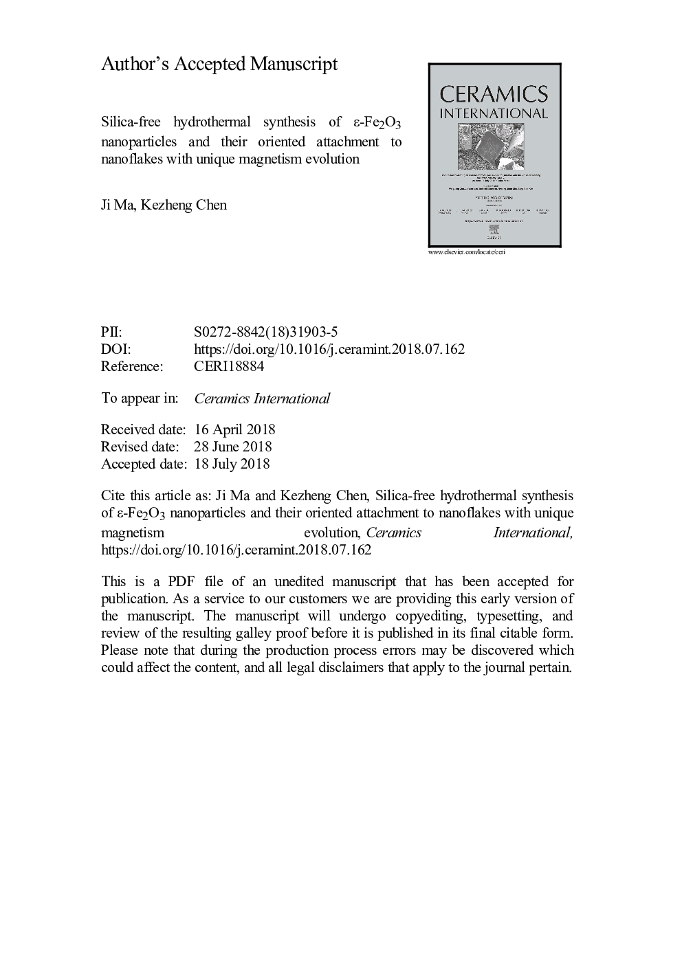 Silica-free hydrothermal synthesis of Îµ-Fe2O3 nanoparticles and their oriented attachment to nanoflakes with unique magnetism evolution