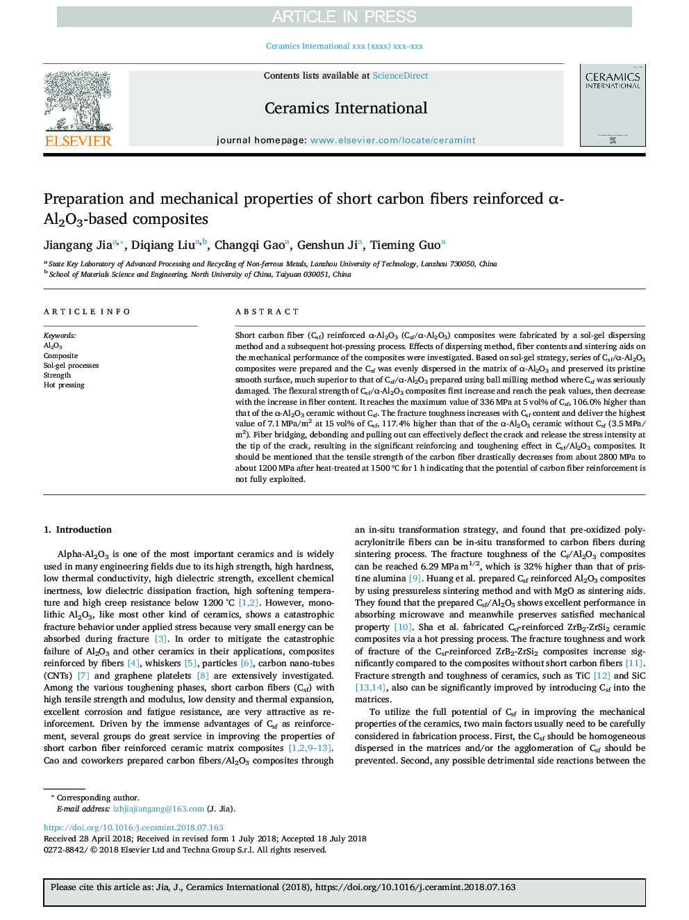 Preparation and mechanical properties of short carbon fibers reinforced Î±-Al2O3-based composites