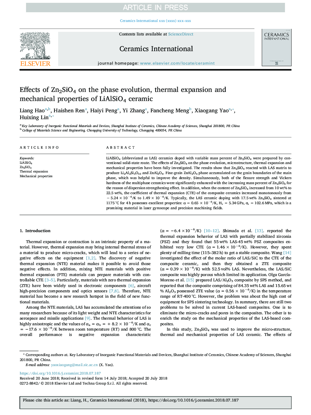 Effects of Zn2SiO4 on the phase evolution, thermal expansion and mechanical properties of LiAlSiO4 ceramic