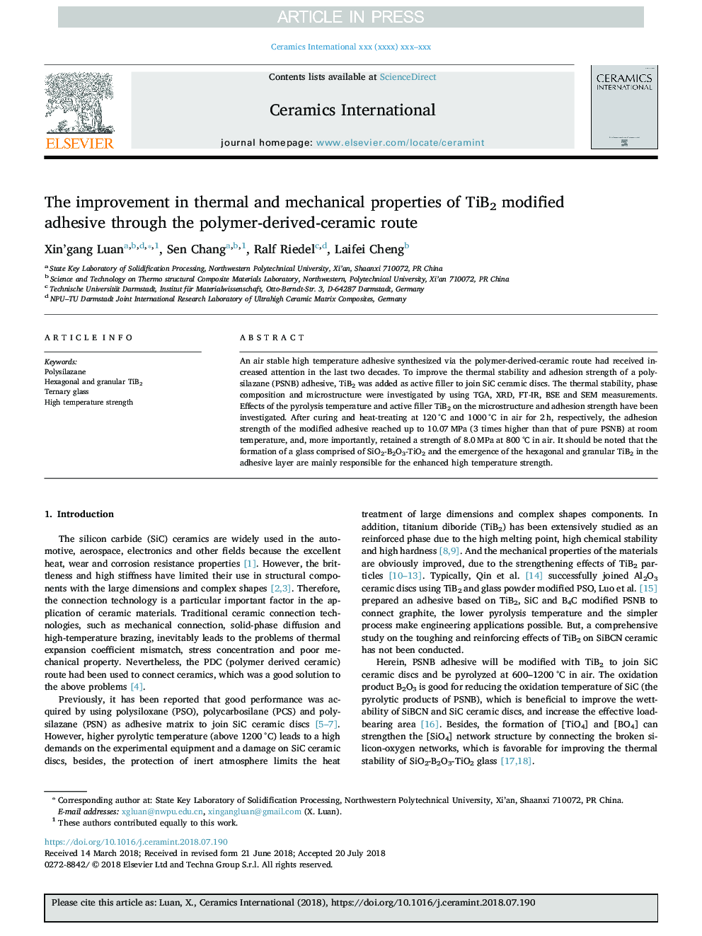 The improvement in thermal and mechanical properties of TiB2 modified adhesive through the polymer-derived-ceramic route