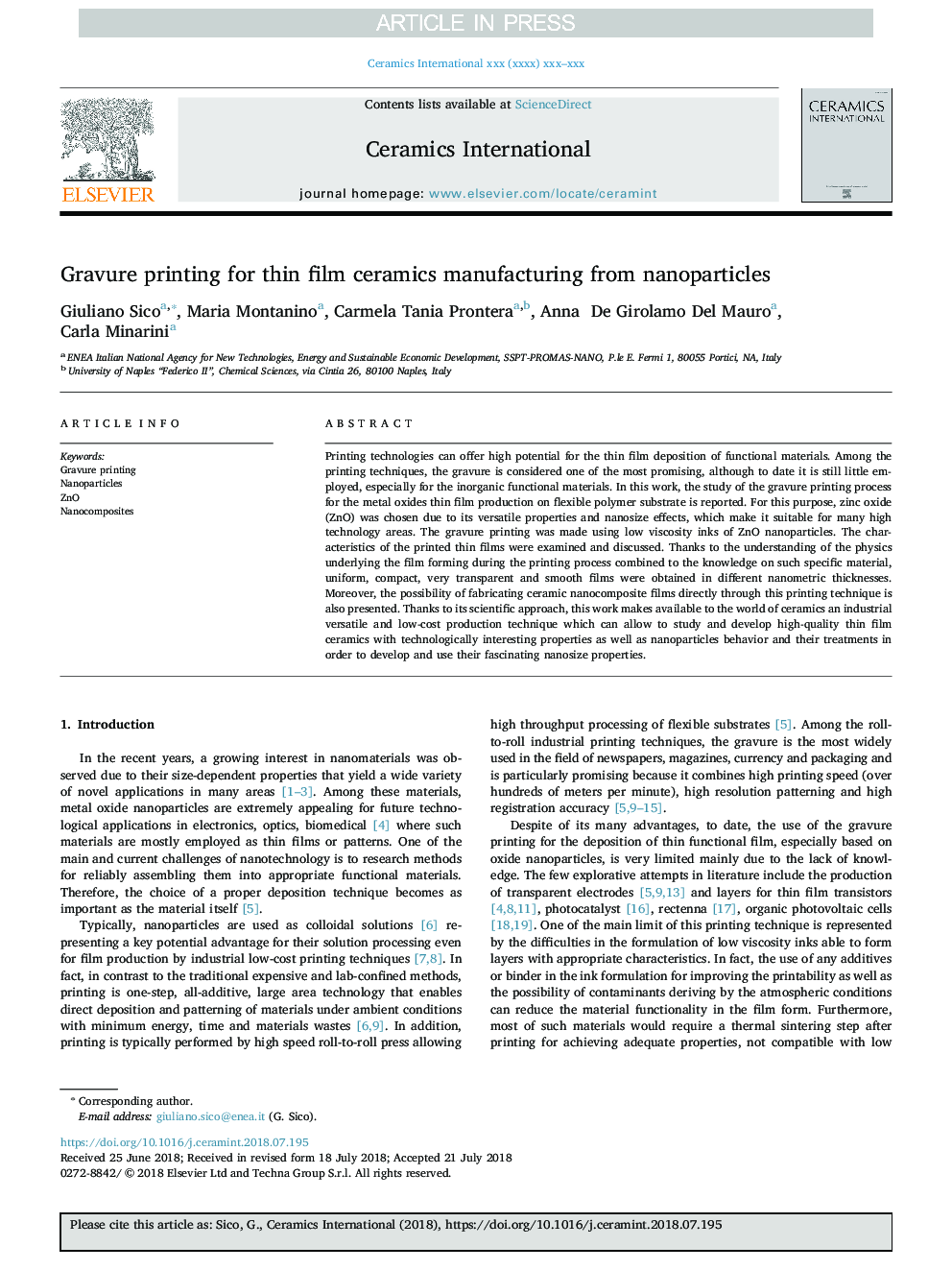 Gravure printing for thin film ceramics manufacturing from nanoparticles