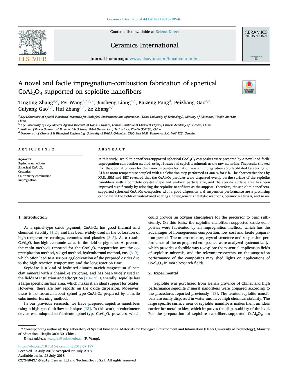 A novel and facile impregnation-combustion fabrication of spherical CoAl2O4 supported on sepiolite nanofibers